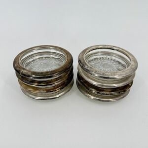 Leonard Vintage Silverplate Glass Starburst Coasters Set of 8 Made in Italy
